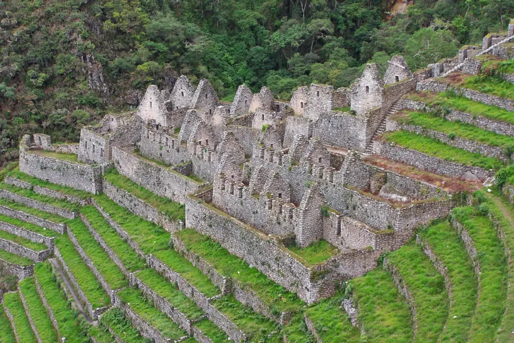 High-angle view of Wiñay Wayna archaeological site and curved terraces on the 2-day Inca Trail from Km 104 to Machu Picchu.
