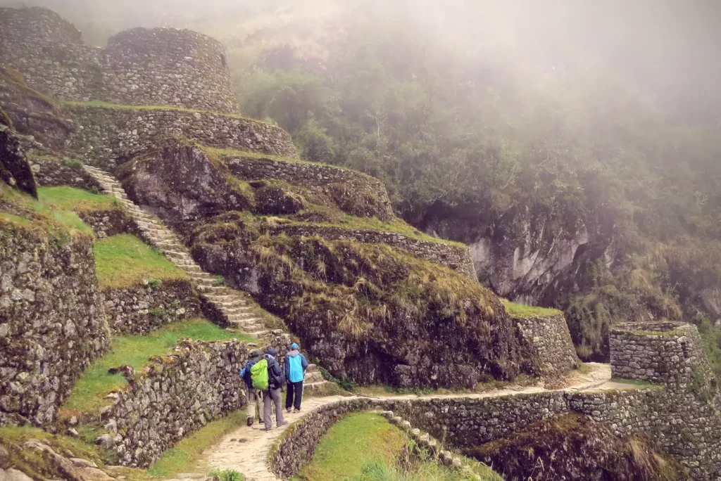 Hikers with backpacks walking past stone terraces and staircases at Sayacmarca ruins shrouded in misty cloud forest on the Inca Trail.