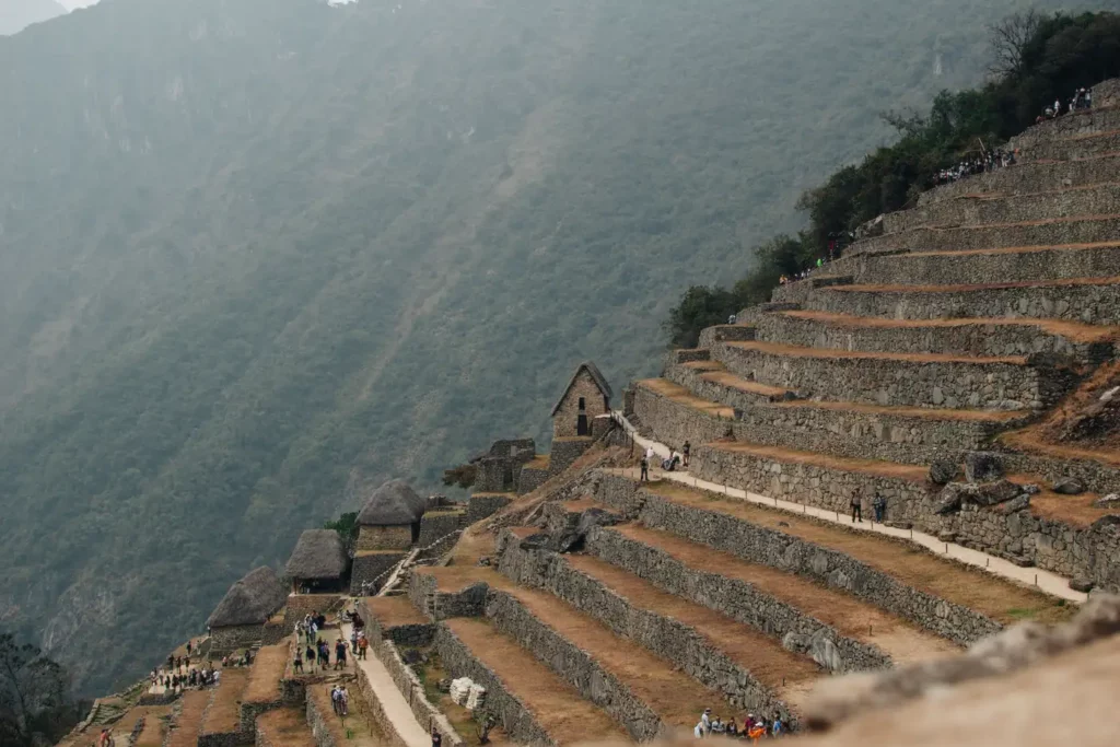 Panoramic view of Machu Picchu agricultural terraces and guardhouse reached on Day 1 of the 2-day Short Inca Trail.